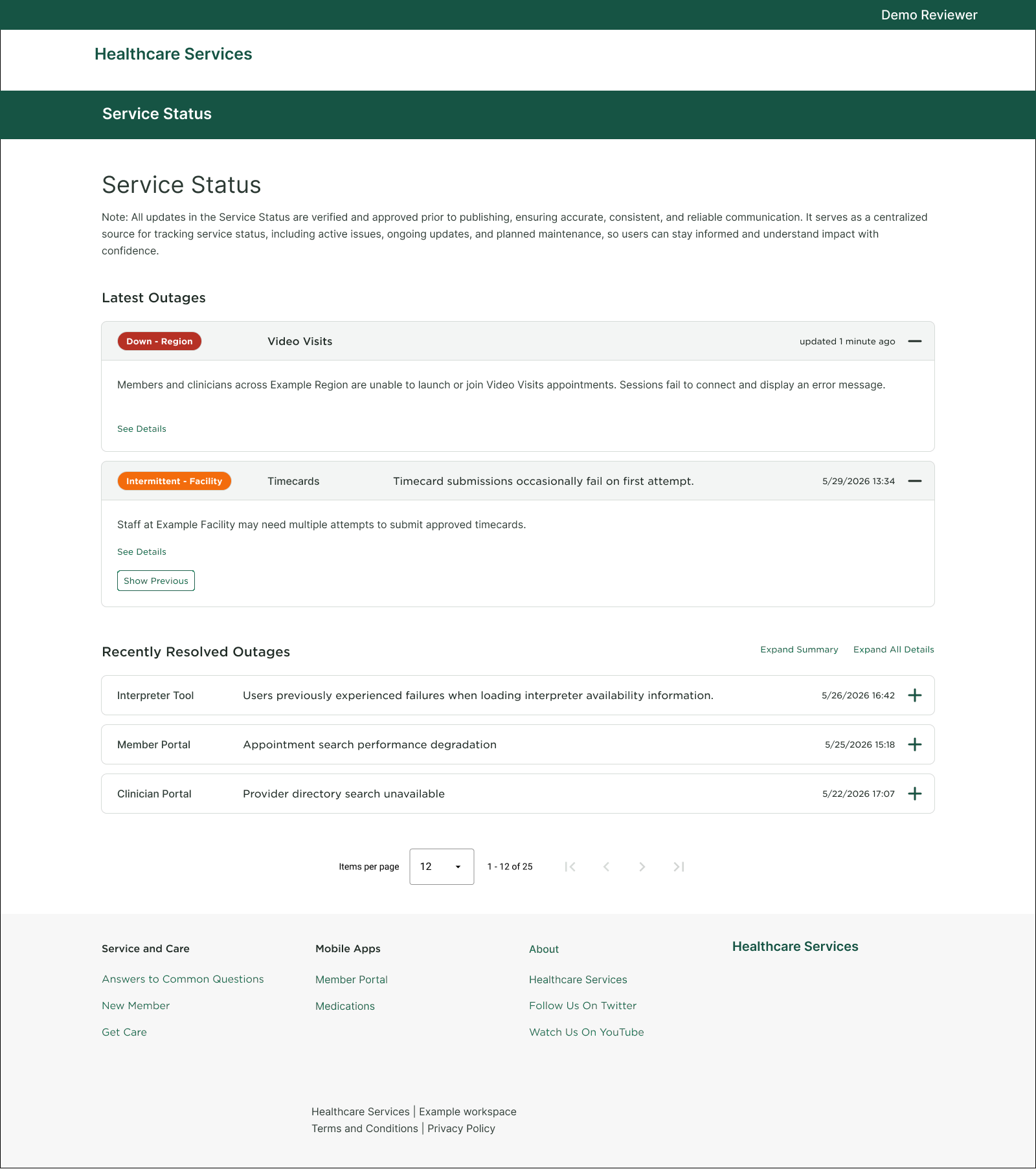 Published anonymized service-status prototype showing sample outages and resolved updates
