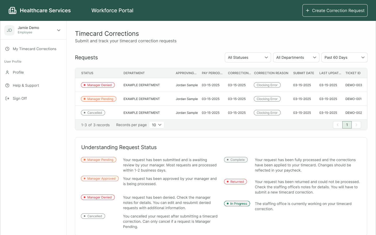 Published anonymized workforce-portal prototype showing employee correction requests with demo names